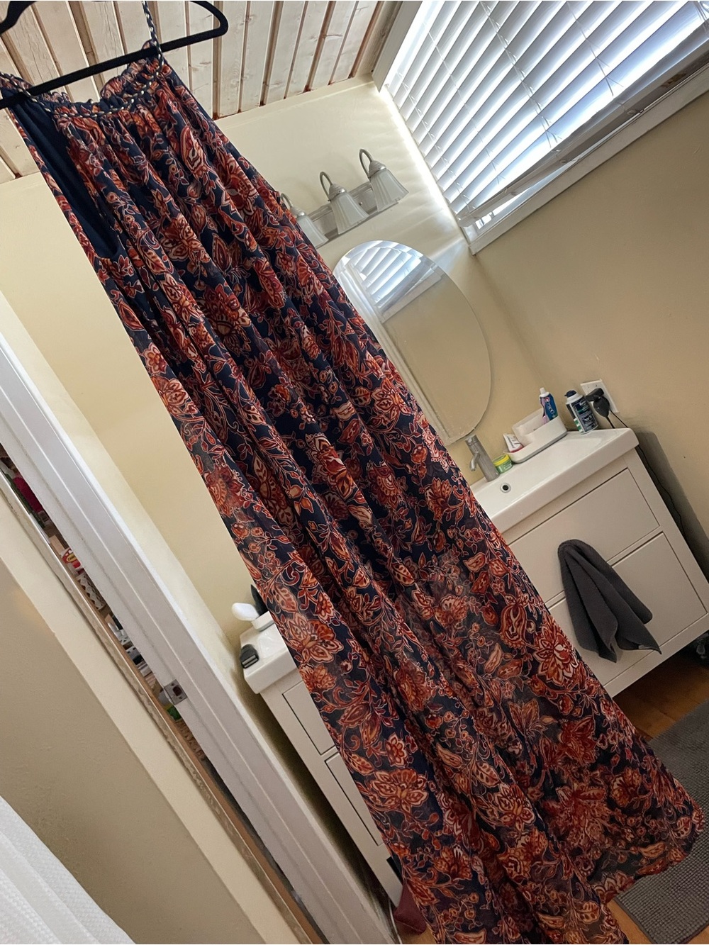 Floral Crepe Maxi with tassel at neckline and built in slip. XL